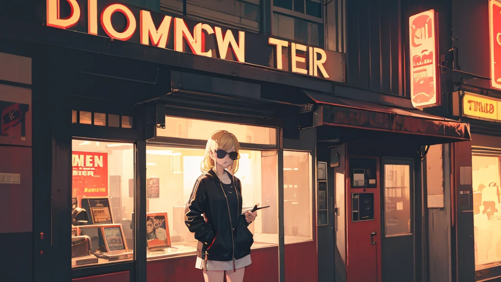 Downtown at night、In front of the old cinema、Neon Light、Cool blonde woman、Hands in pockets、Break、Wearing sunglasses、Smoking a cigarette、