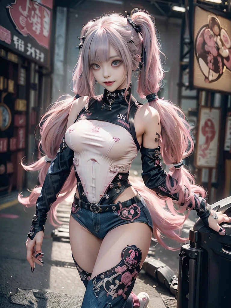 (Full Body View:1.4)、(lotus position:1.1)、(Smiling with teeth showing:1.3),(Shibuya Gal:1.5)、(Gothic Lolita style fashion:1.5)、(Punk RockVisual Kei:1.5)、(Wearing a rhythmic gymnastics bodysuit with intricate details:1.4)、(Racing suit and pants with intricate decorations in magenta, denim and wine red:1.5)、(Red, brown and white boots:1.3)、((belt))、(Numerous delicate logo marks all over the costume:1.4)、(collar:1.3)、(Striped underwear:1.5)、20-year-old、NSFW、((Highest quality、In 8K、masterpiece:1.3))、Sharp focus:1.2、(Layered Cut、Huge boobs:1.1),Beautiful woman with perfect figure:1.4、(Dancing vigorously:1.3)、Slender Abs:1.2、Highly detailed face and skin texture、Detailed eyes、double eyelid,(Twin tails:1.3)、(Pink and cream hair:1.3)、Gravure idol、(The background is the stage of the fashion show:1.3)、(Slim body:1.3),(Make your legs thinner:1.4),(clavicle:1.1)、(Thin and slim thighs:1.3)