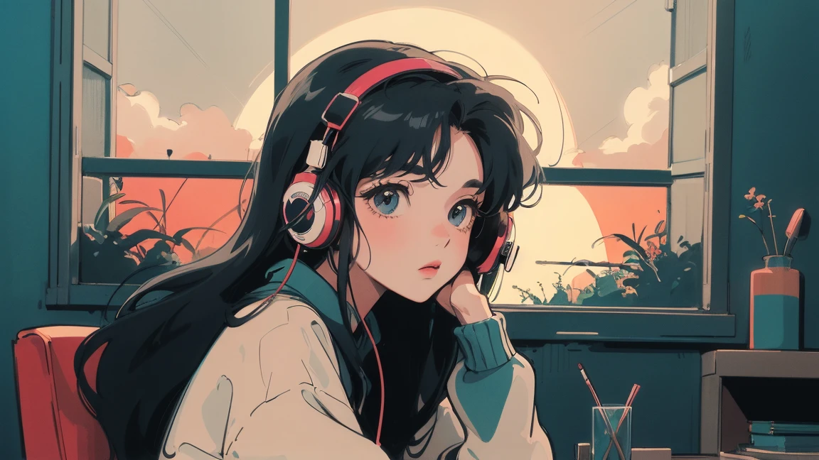 アニメ girl sitting on floor looking out window at city, アニメ aesthetic, アニメ vibes, lofi artstyle, Lo-fi portrait by the window, Watching the Sunset. アニメ, Lofty Girl, アニメ art wallpaper 4 k, アニメ art wallpaper 4k, アニメ art wallpaper 8 k, アニメ background art, Lofi Color, Lofi Art, アニメ asthetic,masterpiece, Highest quality, Rainbow Style, アニメ, Beautiful Asian Girl, Along the Hawaiian Coast, Cute and dreamy,アニメ,Illustrator,LOFI Girl, Blues,landscape,Sunset, night、Girl listening to music in a cozy room, Use headphones, 2D Style Anime, Rain outside the window、Analog Color Theme、Ghibli style