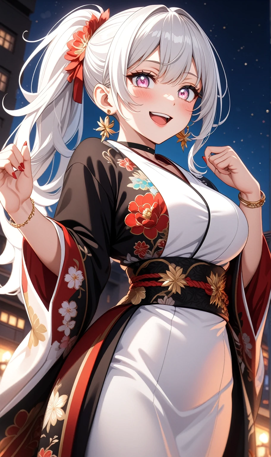 (One personの女性)), Beautiful Face, (Laughing embarrassedly), ((smirk)), ((Wink:1.8)),  Laugh with your mouth wide open,((Bright red cheeks:1.4)),Shiny red lips, night,rooftop,Festivals, firework,Glossy pink lips,Facial lighting,((Anime style background)),masterpiece, Highest quality, so beautiful,up to date, Complex details, (Pink long nails), (ring),(bracelet),(choker),AI-generated, Complex,High resolution, Highest quality, super high quality,3D Images、3D Images,One person,Long white hair in a side high ponytail,(Pale eyes),  ((Fine grain、Silvery white colorful eyes、Shining Eyes:1.4)), (Squint your eyes:1.1), Anime woman posing for a photo, a hyperRealistic , hyperRealistic , Realistic,Anime woman with long white hair, Smooth anime CG art, A woman in a colorful kimono with gold embroidery, (Black long sleeve kimono),  Red floral pattern,Long flower hair ornament,Earrings,Mature Body,(Big Breasts:1.1),Tall,Abdominal muscles,Narrow waist,(Zoom in on face:1.2), (from below),