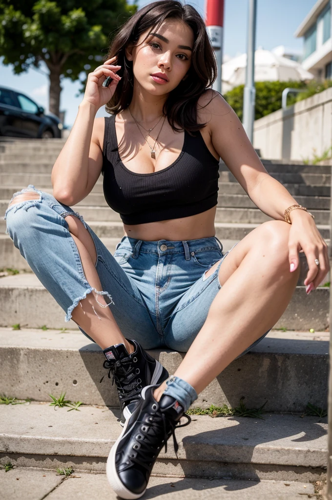 Beautiful Persian woman in shorts and crop top at the beach, model posing, angel face,round face, big cheeks, curvy, hourglass figure, swooping breasts, deep cleavage, open arms, sexy armpits,big penis, nipples, ass, necklace, (cinematic:1.3), intricate details, (ArtStation:1.2)a young woman in ripped jeans and a black tank top sitting on the steps of, ripped jeans, relaxed style, woman in streetwear, jeans, casual streetwear, wearing a cropped black tank top, jeans and t shirt, wearing a black cropped tank top, street outfit, female streetwear blogger, casual outfit, street fashion outfit, distressed, casual clothing style, baggy jeans, cute casual streetwear, :: madison beer, wearing a sexy cropped top, blue jeans and grey sneakers, sitting down casually,