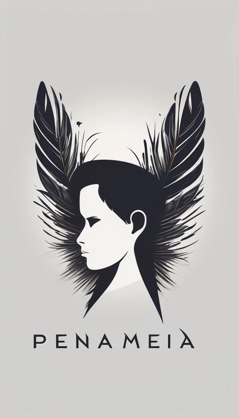 A minimal, modern, simple, cinematic logo design e of a boy with a head full of feathers for the brand “Penamemoria" .
