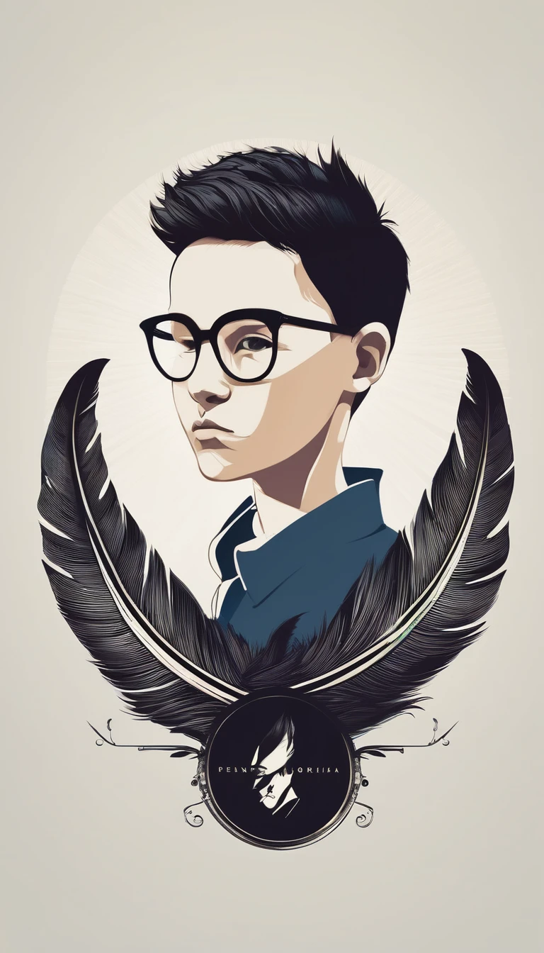 A minimal, modern, simple, cinematic logo design e of a boy with a head full of feathers for the brand “Penamemoria" .
