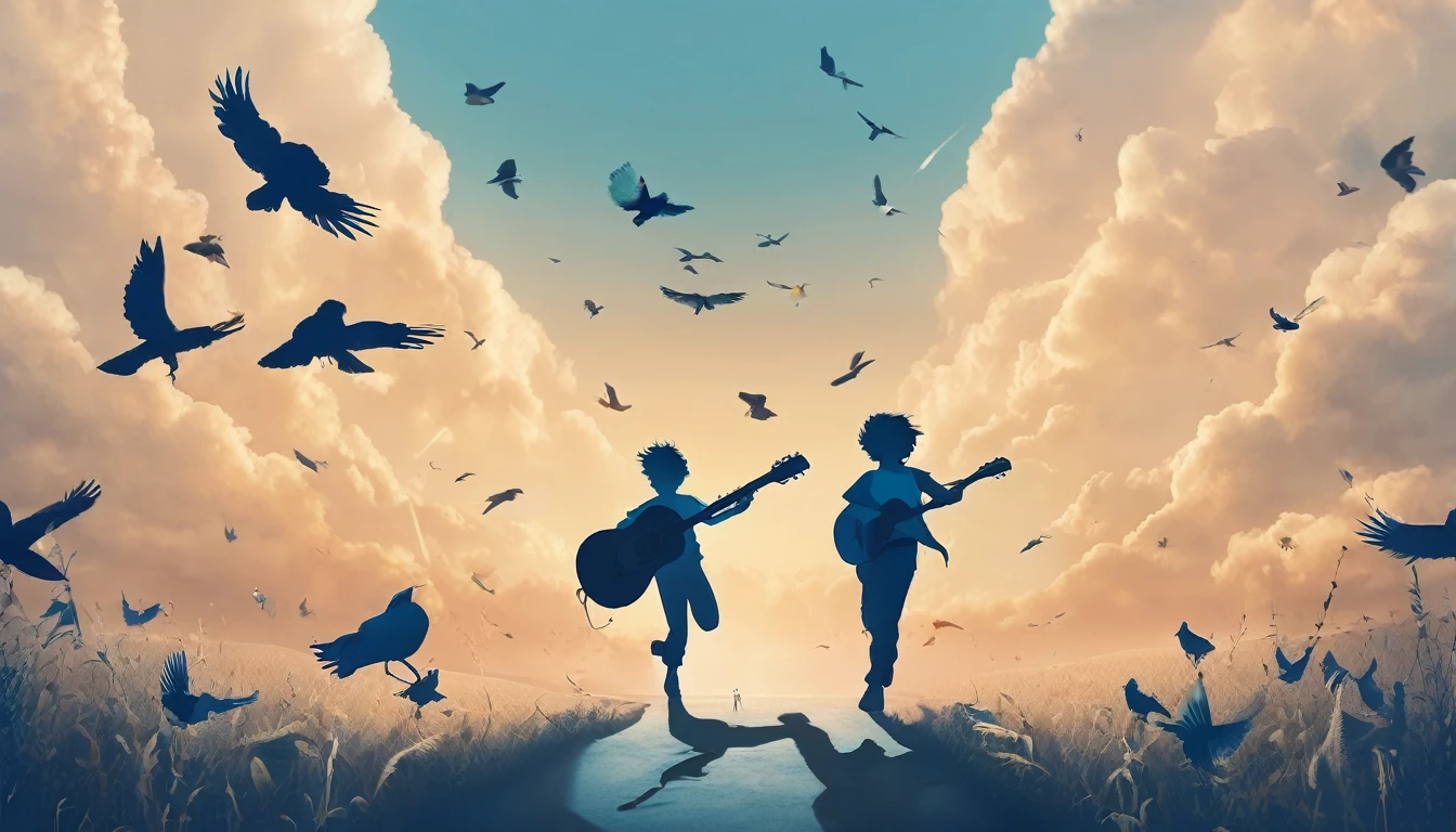 Create a professional, fantastic, cinematic Youtube Banner for a brand about music and stories called " Penamemoria". Masterpiece, 4k, sharp focus, highest quality,wide shot. The title is " Penamemoria". Is a brand about the creative, unique journey of a boy into becoming a musician storyteller. In his journey he finds inspiration in a world of birds and feathers. Minimalistic, simple, poetic, dreamy logotype at the center of the image. The Background image is a world full of fantastic feathers, unique birds, light blue sky, and a boy running happily into the horizon with an acoustic guitar in his right hand. Boy running against the wind, almost simulating like he is flying