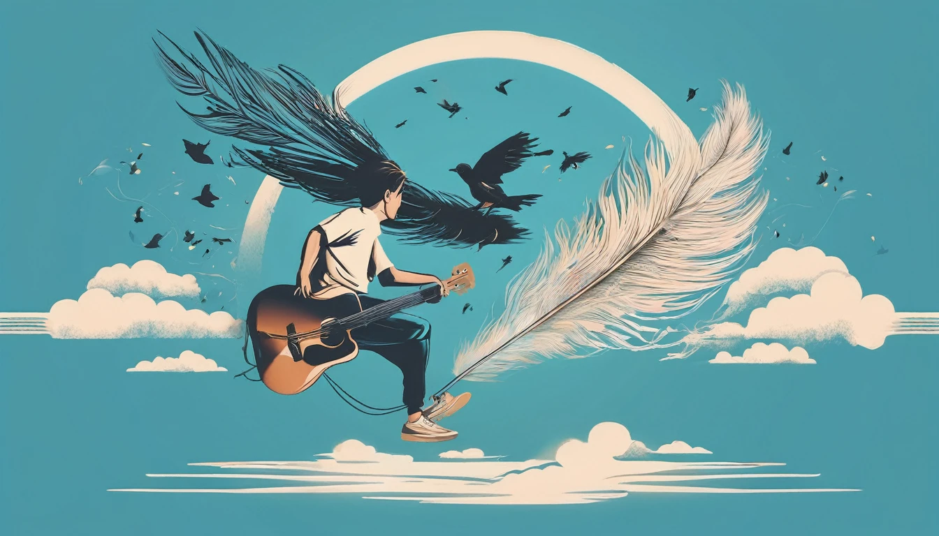 Create a professional, fantastic, cinematic Youtube Banner for a brand about music and stories called " Penamemoria". Masterpiece, 4k, sharp focus, highest quality,wide shot. The title is " Penamemoria". Is a brand about the creative, unique journey of a boy into becoming a musician storyteller. In his journey he finds inspiration in a world of birds and feathers. Minimalistic, simple, poetic, dreamy logotype at the center of the image. The Background image is a world full of fantastic feathers, unique birds, light blue sky, and a boy running happily into the horizon with an acoustic guitar in his right hand. Boy running against the wind, almost simulating like he is flying