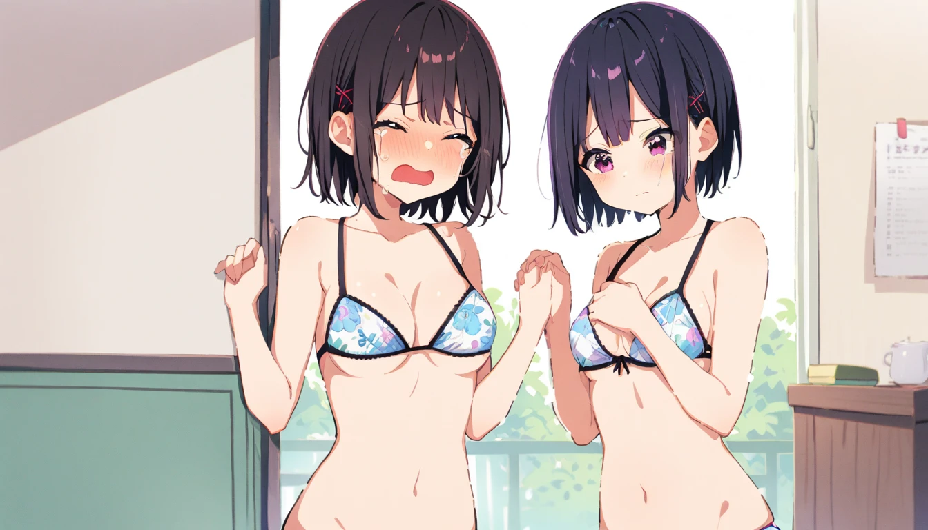 One girl with black bob hair、Upper body naked、Boobs getting massaged、Floral print panties、Standing posture、Sugata Class、Shyness、Crying face、resistance