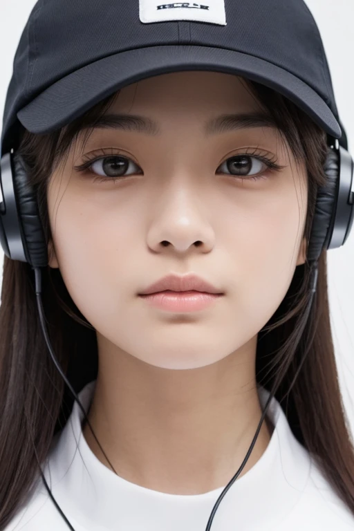 A handsome Japanese 20-year-old girl with a cap on her head ,headphones around her neck , half-length photo, facing the audience directly, symmetrical facial close-up, facing the audience head-on, wearing modern and stylish sportswear, art clothes, pearls, H. R. Giger, white background