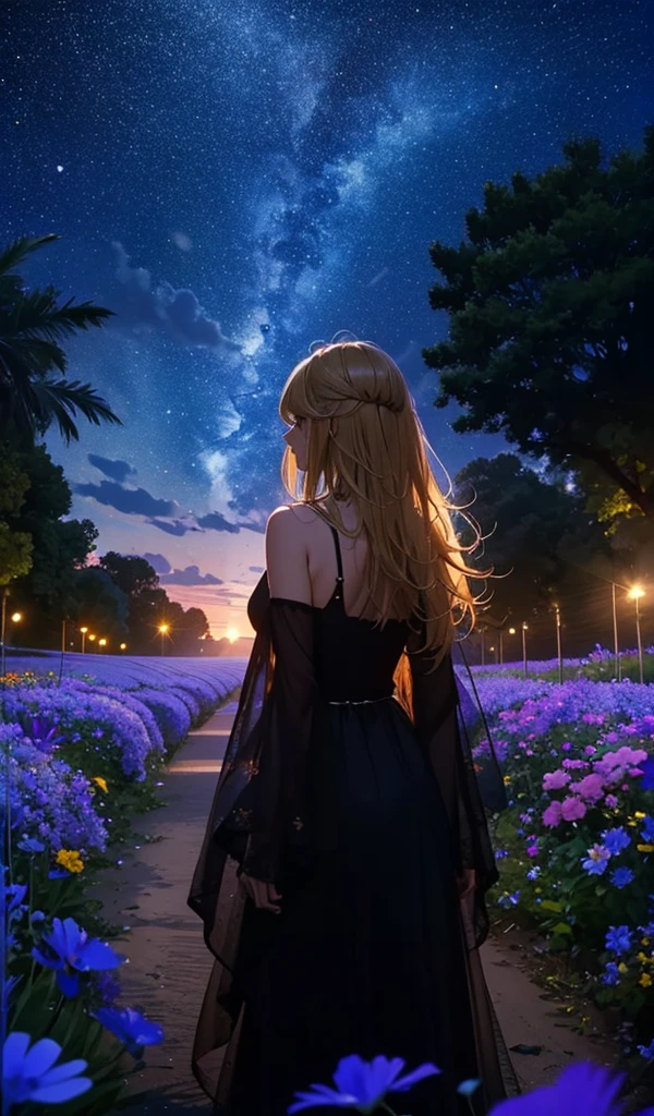 １people々々々々々々々々々々々々々々々,Blonde long-haired woman， camisole，silhouette， Rear View，Space Sky, Flower Field，Colorful flowers