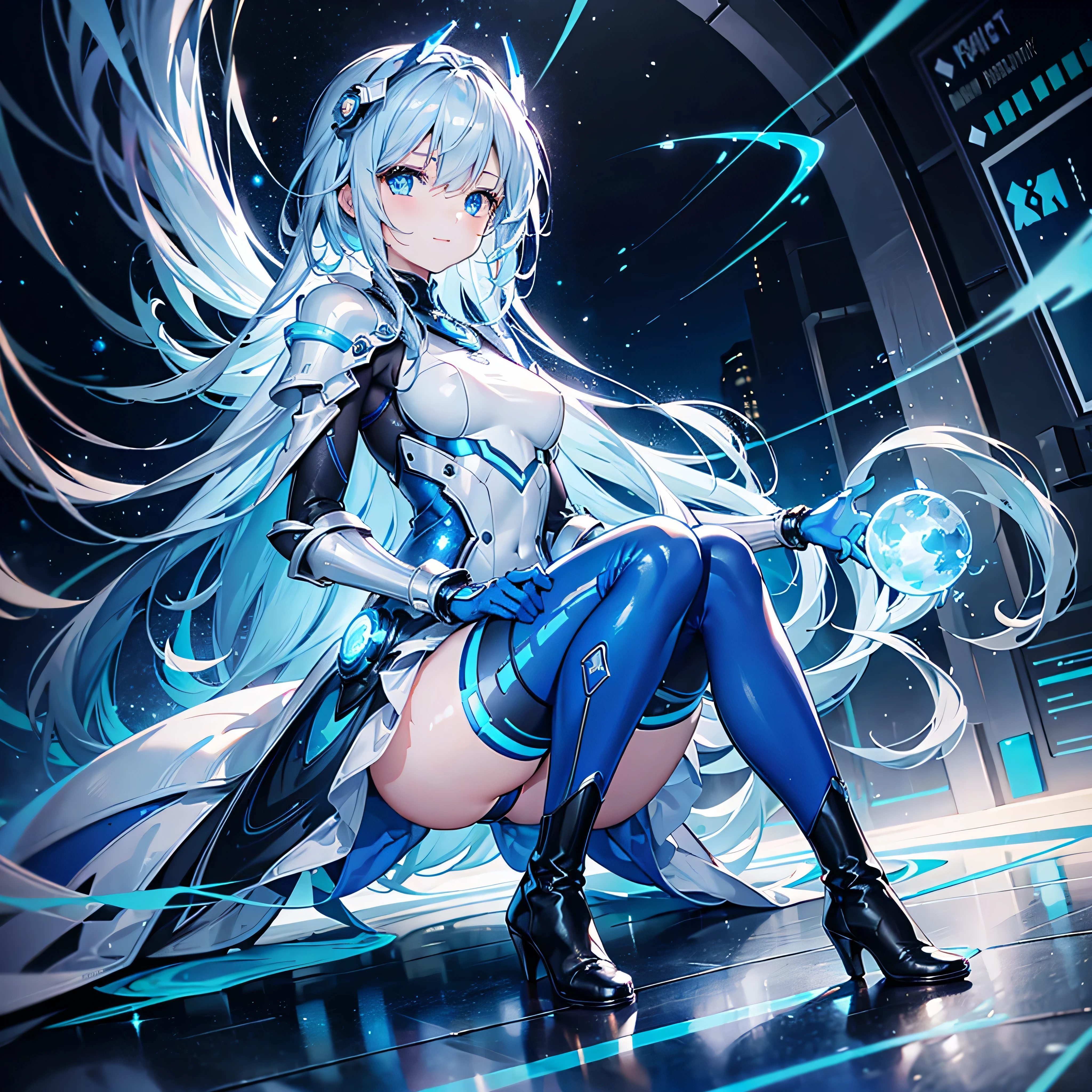8K, Highest quality, (real:1.4), Original photo, 1 girl, Asari Hair, Biological Amplifier, Very sleek and futuristic armor, posture: Peace talks between warring factions,,attention arousal, smart blue eyes,A modest smile,Knee-high boots,Patent-look blue tights,Blue big moon and blue light swirl in the background,Blue light from behind,blue light magic,A small, glowing blue ball in the palm of your hand,Blue flame swirl,Blue Comet,Polished floor,