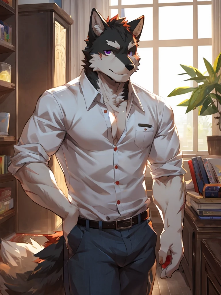 embedding:black wolf, male,purple eyes,Scar on the face, scar on the body,Single person,The fur on the chest and abdomen is white.Inside the apartment,Elder brother.Modern apartment, clean and tidy.casual Shirt,Casual pants,Formal, everyday,A mild expression,Maturity,The highest quality of scene detail,adult,Tall and powerful,muscle,Best quality hands, best quality eye,detailed fur,Delicate eyes.Extreme picture quality,by sollyz,by zixiong,by milkytiger1145