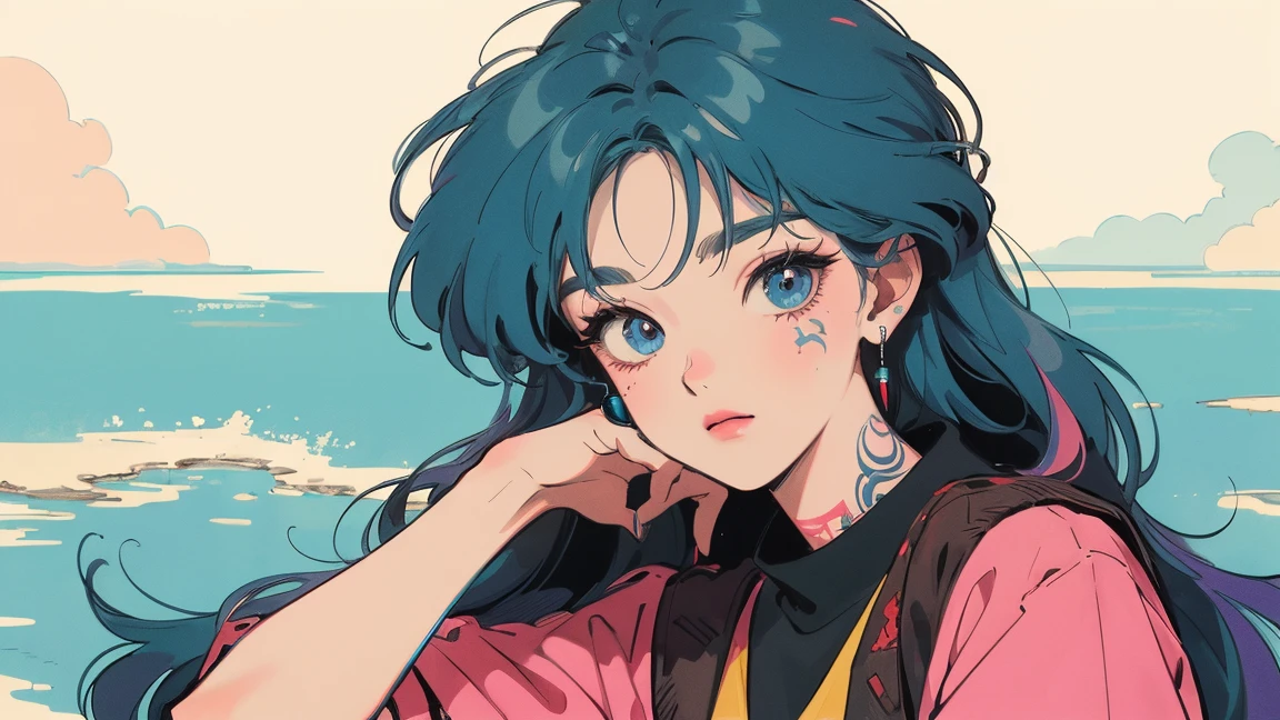 masterpiece, Highest quality, Rainbow Style, anime, Beautiful Asian Girl, K-Pop aesthetics and style, tattoo,  80s American hippie style, Along the Hawaiian Coast, Cute and dreamy,anime,Illustrator,LOFI Girl,