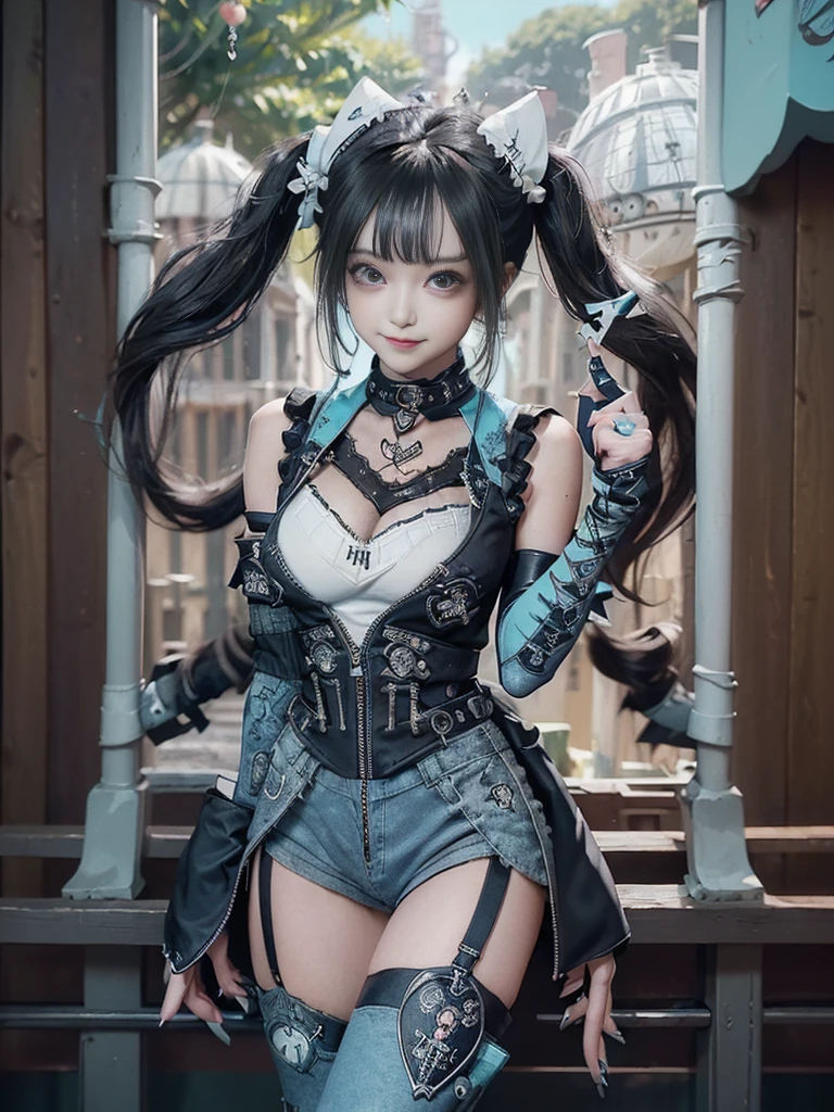 (Full body view:1.4)、(Full Body View:1.4)、(Side view:1.1)、(Smiling with teeth showing:1.3),(Shibuya Gal:1.5)、(Maid café clerk:1.5)、(Punk RockVisual Kei:1.4)、(Turquoise, navy and denim medieval noble zip up:1.5)、(Navy and white arm covers and bugle pants:1.5)、(Blue high heels:1.3)、(Wearing silver accessories:1.5)、(Dark brown collar:1.4)、(Leather garter belt:1.4)、(Brown Skin Belt:1.3)、(Black lace underwear:1.5)、20-year-old、NSFW、((Highest quality、In 8K、masterpiece:1.3))、Sharp focus:1.2、(Layered Cut、Huge boobs:1.1),Beautiful woman with perfect figure:1.4、(Doing an aerobics pose:1.3)、Slender Abs:1.2、Highly detailed face and skin texture、Detailed eyes、double eyelid,(Twin tails:1.3)、(Black Hair:1.3)、Gravure idol、(A fairytale-like cafe with a lush tree background:1.3)、(Slim body:1.3),(Make your legs thinner:1.4),(Thin, thin thighs:1.3)、(clavicle:1.1)