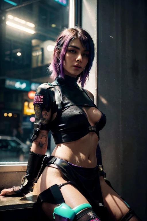 (Best quality, Ultra detailed, Neon ratio, Masterpiece:1.2), Cinematic lighting:0.7, Photo of a retro futuristic mercenary woman, Retrofuturism dressed with emo mini skirt (intricate futuristc acessories ). Her vibrant makeup tell of a itimate vibe of Cyberpunk 2077, Perfect rare face, (Highly detailed skin), randomly dyed hair with cute punk hair clipes, Hide your mouth with your hands、Wet, tattooed skin texture, Pale skin, shiny skin, (thin, large size:1.2), [:(Sharp focus on rare face, perfect eyes:1.2):0.2], photorealistic, film grain, Put one foot forward、from below looking up、look at camera、Emphasize the shoulders with holster, scabbard, tactical knife, Focus on face、Stockings,Hoilographic VR Glasses、Smile with corners of mouth raised、disdainful expression,muted colors,photographed at night neon purple lights, instagram, backlit, outer space, retro, retro tech, atari, commodore, space invaders, cyberpunk Retrofuturism panties, very small panty, 80's perm, fog, foggy, misty, (80's house), muted warm colors, Photo cinematic portrait of a woman dressed in a striped dress sitting by the window in the neon night lights, cinematic, (tilted:1.3) (on an suburban metro Retrofuturistic) look cautious, standing under a spotlight, volumetric dust clouds, key light, backlight, soft natural neon lighting, photography Film grain ISO 800 30 mm lens RAW f2.8 aperture, highly detailed (analog photography:1), colors hdr