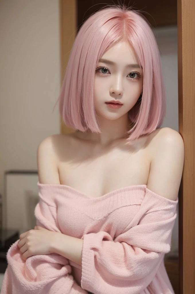 A beautiful girl,Her hair is pink,Shoulder-length hair。She's wearing a hoodie,Color similar to hair,All pink。Her expression looks thoughtful or sad.,Eyes looking down。The whole picture gives people a soft、Quiet feeling。