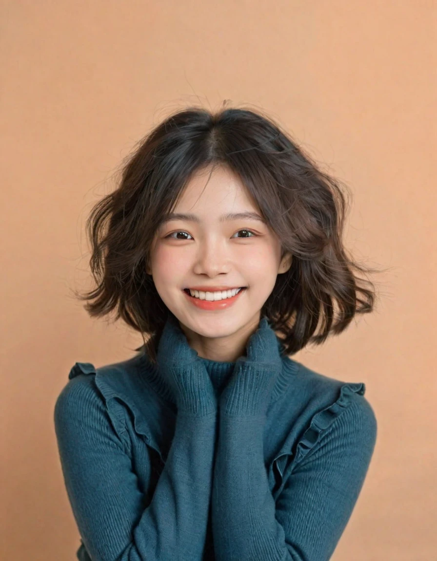 This image depicts a happy young girl exercising, Her hair was ruffled by her movements.. She squinted，Show a happy expression, Radiates energy and vitality. She was wearing a solid turtleneck sweater, Opposition to neutrality, Warm brown background. Dynamic lighting highlights her facial features, Subject in sharp focus，Stop-motion effects capture the spontaneity and energy of youth. Soft shadows add depth to the scene, Artfully balanced contrasts highlight details. This painting reflects the carefree and happy youth.