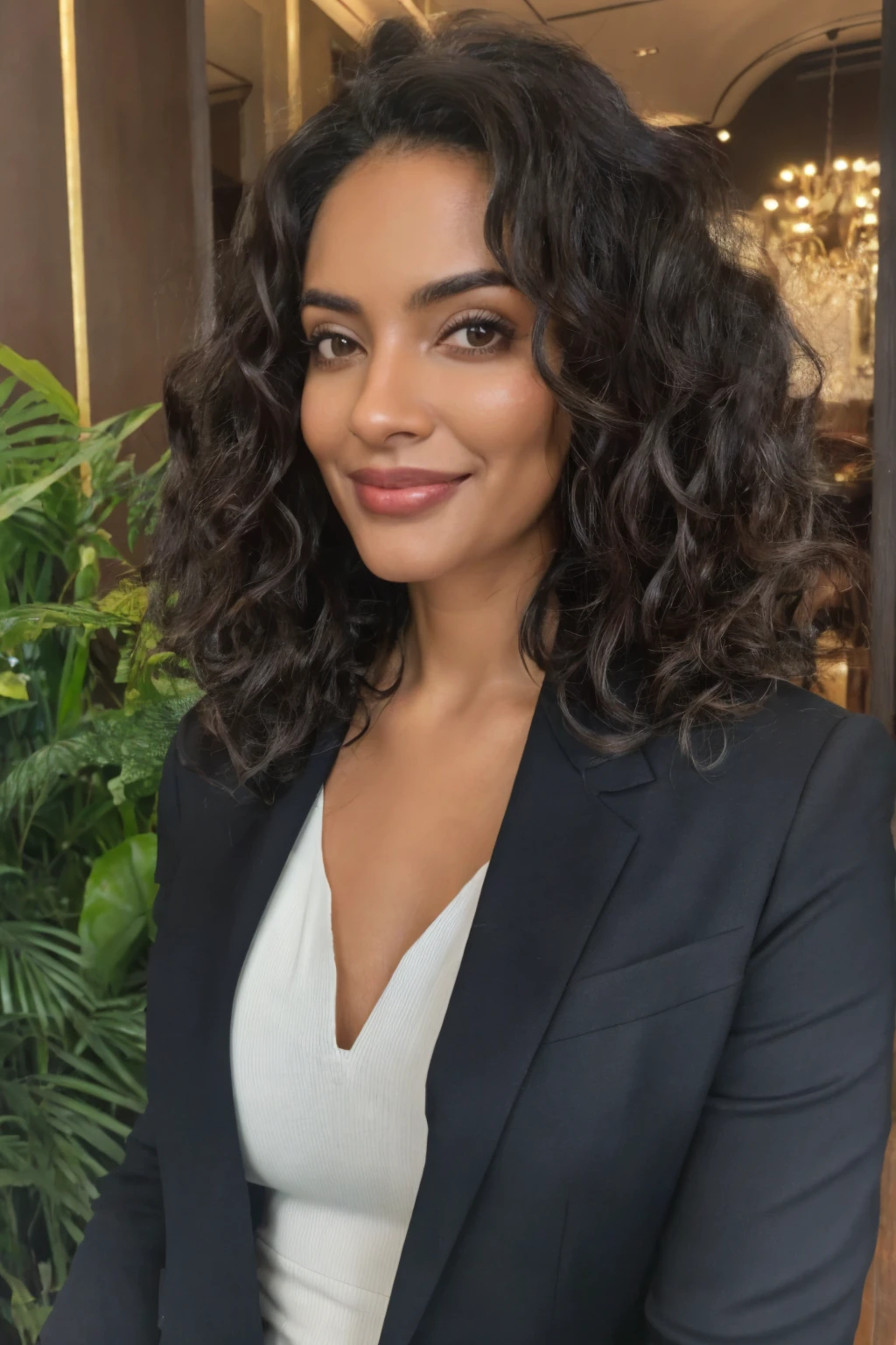 1 adult woman, longye hair, curly hair, black hair color, smooth skin, eyes browns, sorrido, vegetation, Occasional, Businesswoman style clothes, light brown blazer, realisitic, with background in a fancy restaurant, 8k super realisitic, super detalhado e realisitic