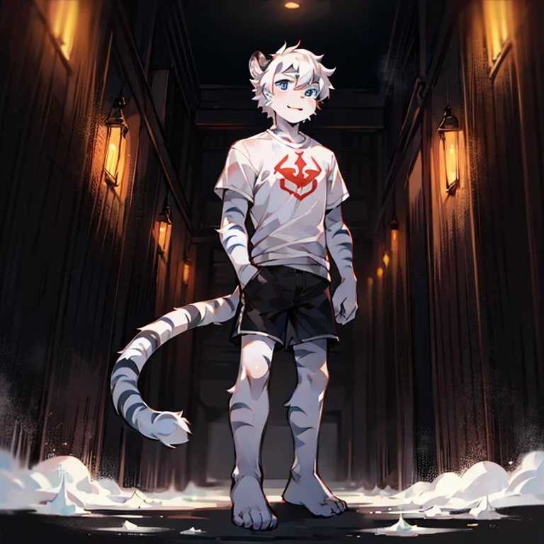 teenager, Short white hair, ear, Lower Body, The Peak,Standing,hairy, White hair everywhere, White hair everywhere, White Tiger, Tiger Tail, masterpiece, High quality portrait, Humanoid, youth style, posture, panoramic, White Tiger型, White short sleeve, Black shorts, super Handsome face, Handsome, Tiger Youth, blue eyes, White Tiger, white ear, barefoot