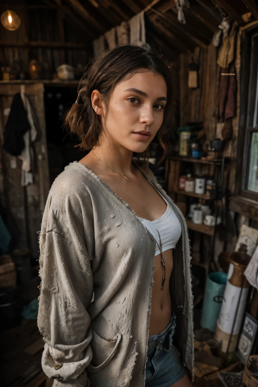 portrait of 1girl,
(dressed in rags:1.2) in a (shanty shack:1.1) made of wood and sticks, apothecary, (alchemy:1.1), witchdoctor, mystic, decaying, (rundown shack:1.2), (dark room:1.2), shanty shack, (wearing raggedy clothing:1.1), (rag clothes:1.2),
bokeh, f1.4, 40mm, photorealistic, raw, 8k, textured skin, skin pores, intricate details,