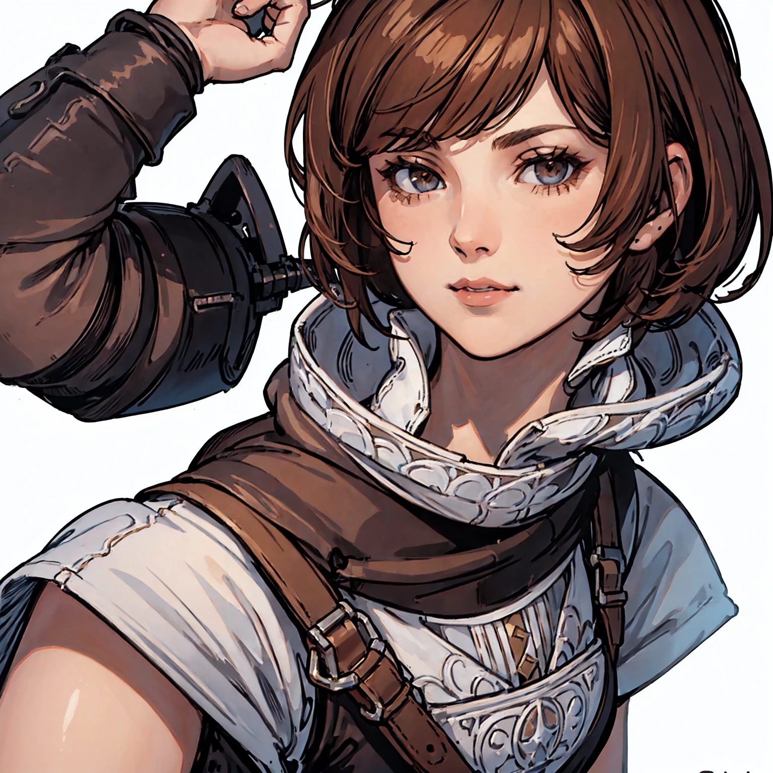 (((white background))), best quality, solo, 1 woman,portrate,knight,bangs,looking at viewer,short hair,brown hair,pretty woman,masterpiece, intricate details, tonemapping, sharp focus, hyper detailed, trending on Artstation,