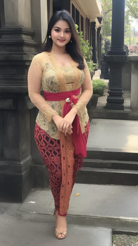 (A voluptuous, curvy woman poses for a picture. Photo realistic of beautiful Asian. mix4, (8k, RAW photo, best quality, masterpiece:1.2), (realistic, photo-realistic:1.37), 1girl, cute, indonesian clothes, bali, balinese, cityscape, kebaya_bali, night, rain, wet, professional lighting, photon mapping, radiosity, Physically-based rendering, gradient brunette hair, long black hair, handsome, girly, white ball set, natural breasts, superb picture quality, high resolution, 1080p, (clear face), (detailed face description), (detailed hand description), (masterpiece), (exquisite CG), extreme light and shadow, messy hair, masterpiece, rich detail, (exquisite facial features), (highest image quality), (masterpiece), (detailed eyes), look forward to your eyes, delicate collarbone, kebaya_bali, taniaayusiregar