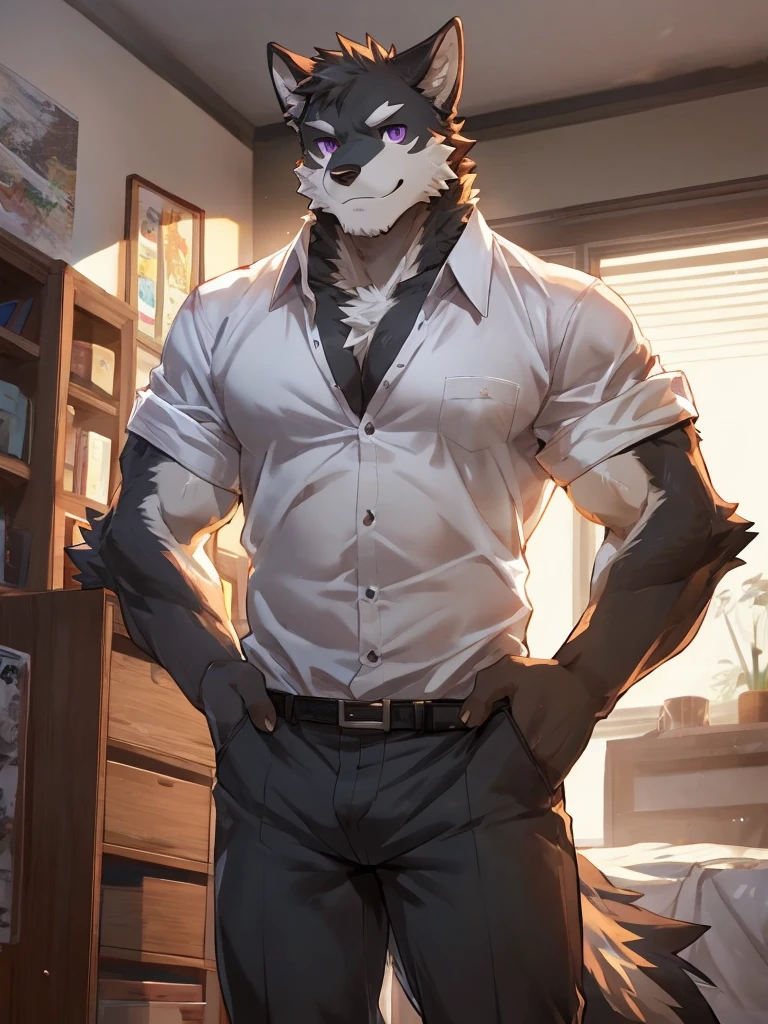 embedding:black wolf, male,purple eyes,Scar on the face, scar on the body,Single person，The fur on the chest and abdomen is white.Inside the apartment,Elder brother.Modern apartment, clean and tidy.casual Shirt，Casual pants,Formal, everyday,A mild expression,Maturity,The highest quality of scene detail,adult,Tall and powerful,muscle，Best quality hands, best quality eye，detailed fur，Delicate eyes.Extreme picture quality，by sollyz,by zixiong,by milkytiger1145