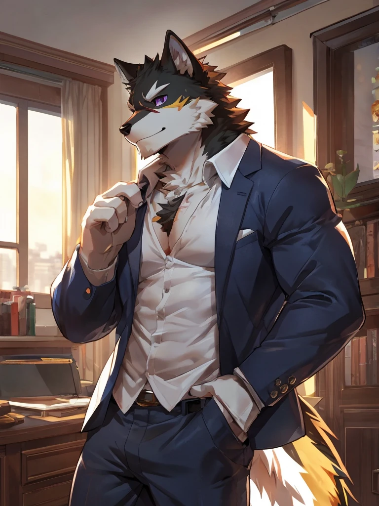 embedding:black wolf, male,purple eyes,Scar on the face, scar on the body,Single person，The fur on the chest and abdomen is white.Inside the apartment,Elder brother.Modern apartment, clean and tidy.casual Shirt，Casual pants,Formal, everyday,A mild expression,Maturity,The highest quality of scene detail,adult,Tall and powerful,muscle，Best quality hands, best quality eye，detailed fur，Delicate eyes.Extreme picture quality，by sollyz,by zixiong,by milkytiger1145