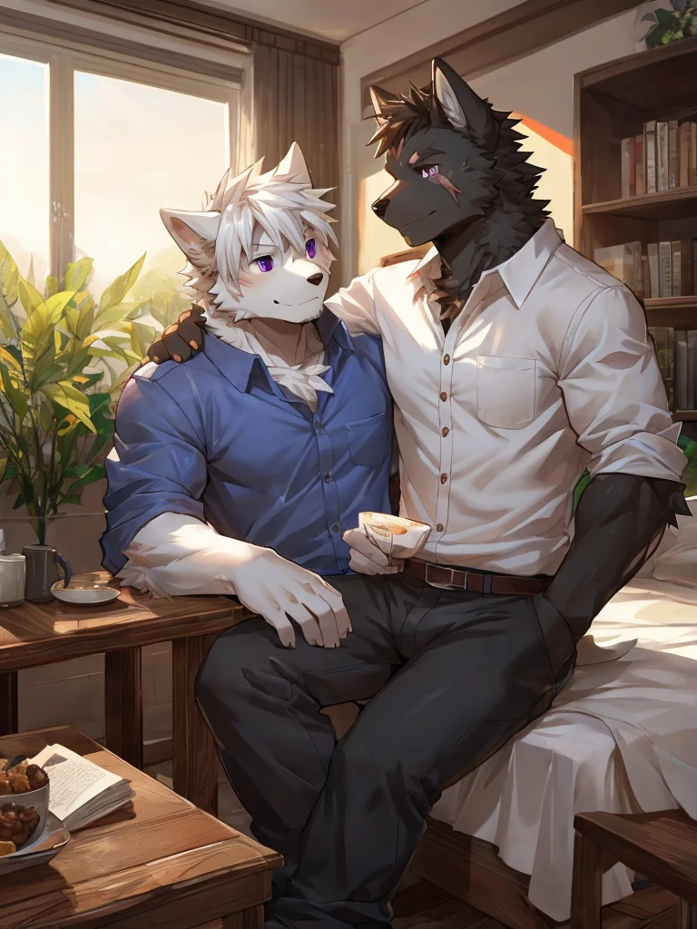 embedding:black wolf, male,purple eyes,Scar on the face, scar on the body,Single person,The fur on the chest and abdomen is white.Inside the apartment,Elder brother.Modern apartment, clean and tidy.casual Shirt,Casual pants,Formal, everyday,A mild expression,Maturity,The highest quality of scene detail,adult,Tall and powerful,muscle,Best quality hands, best quality eye,detailed fur,Delicate eyes.Extreme picture quality,by sollyz,by zixiong,by milkytiger1145