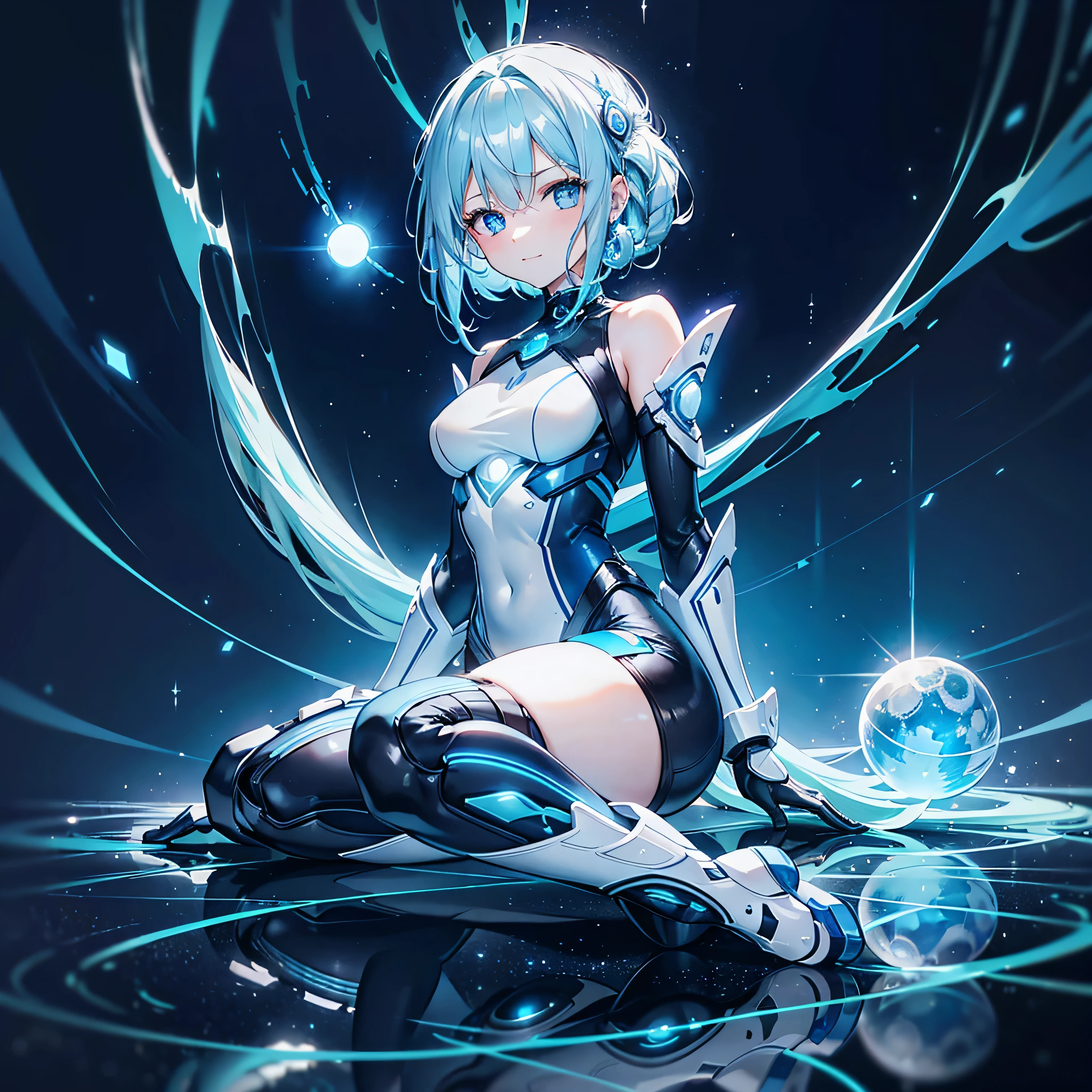 8K, Highest quality, (real:1.4), Original photo, 1 girl, Asari Hair, Biological Amplifier, Very sleek and futuristic armor, posture: Peace talks between warring factions,,attention arousal, smart blue eyes,A modest smile,Knee-high boots,Patent-look blue tights,Blue big moon and blue light swirl in the background,Blue light from behind,blue light magic,A small, glowing blue ball in the palm of your hand,Blue flame swirl,Blue Comet,Polished floor,