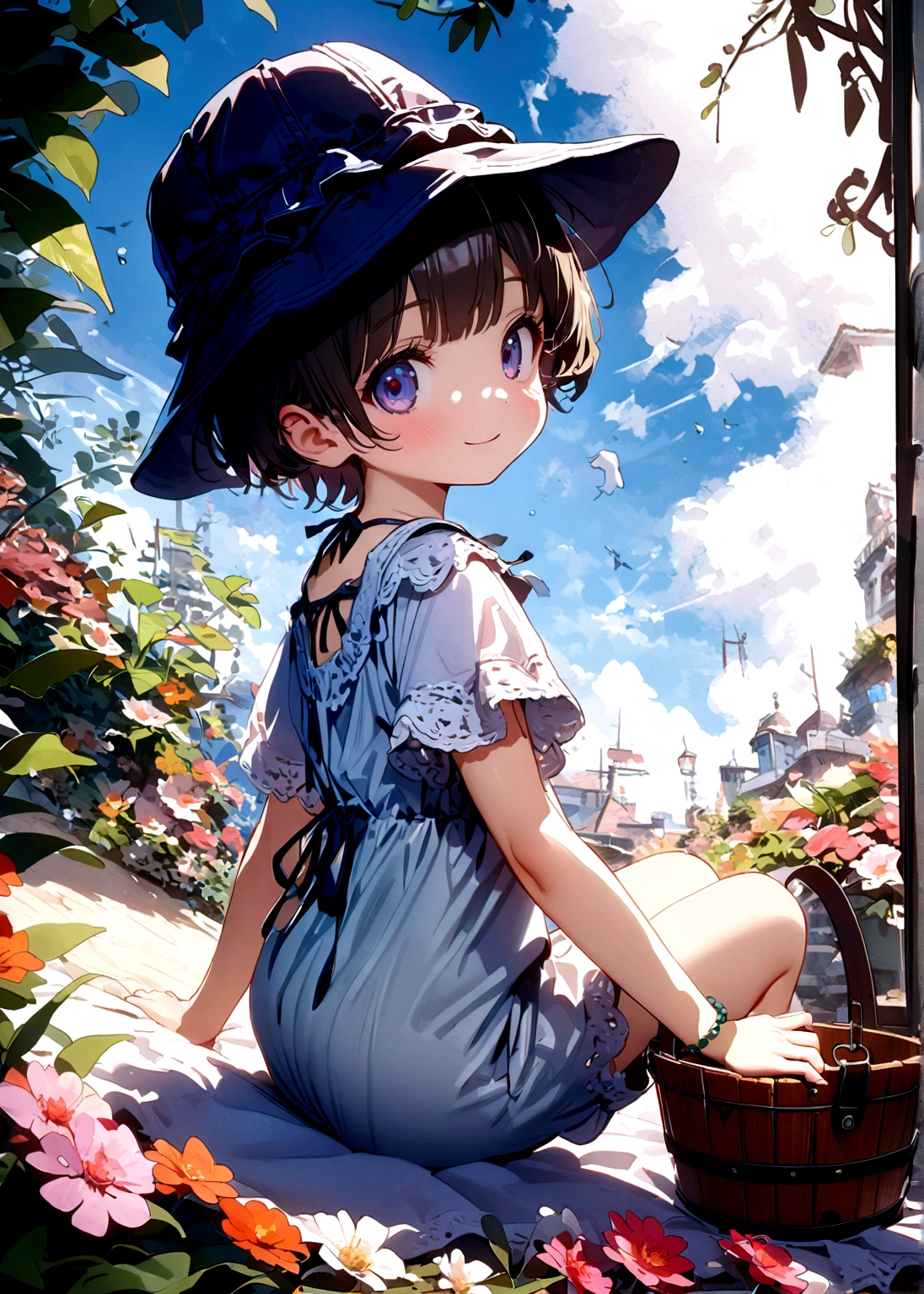 (alone:1.5),1 Baby\(very cute,Soft Skin,(Newborns:1.3),1 year old,blonde,Soft curly hair,(Very short hair:2.0),(Wear a hat\(Bucket hat\):1.5),Wearing a romper\(Short sleeve\),Black beaded bracelet on left arm, Looking back at the audience,Cute Smile,whole body\) I&#39;m sitting on a soft fluffy cloth on a very beautiful beach.\(white sand,Shining blue sea,blue sky,Beautiful Clouds\),[Browsing Caution], break ,(Hat and Romper Design\(white, Cute colorful flowers\(Flat Design\)\):1.5), break ,quality\(8K,非常に精細なCGユニットのwallpaper, masterpiece,High resolution,top-quality,top-quality real texture skin,Surreal,Increase the resolution,RAW Photos,最高quality,Very detailed,wallpaper,Cinema Lighting,Ray-tracing,Golden Ratio\),(From above:0.5),Low - Angle,