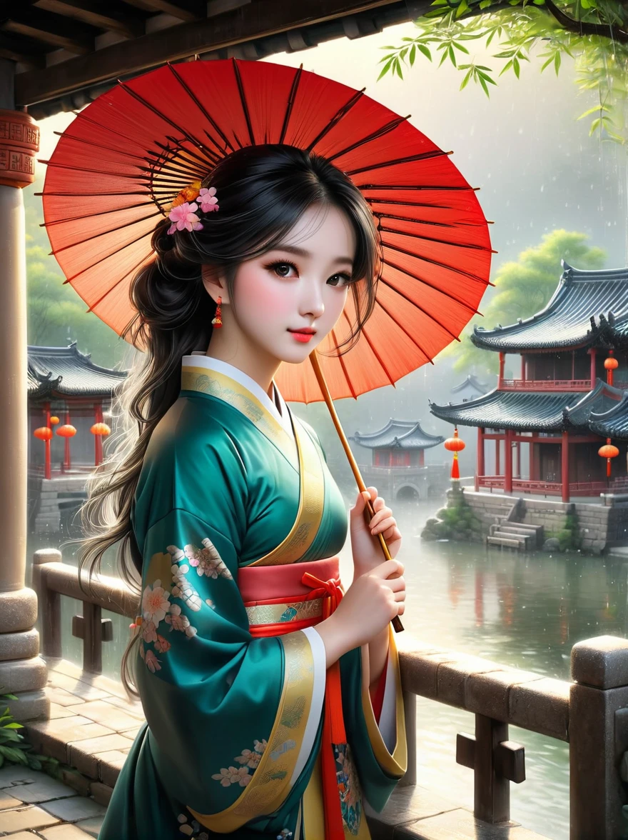 （Best quality，8K，high resolution，masterpiece:1.2），Ultra Detail，（lifelike，Photorealism，Photorealism:1.37），(Girl holding an oil-paper umbrella:1.3)，Girls Focus，Close shot，Stand on a small bridge，Running Water，Ancient Town，Jiangnan Scenery，antique，Spring rain，light rain，beauty，beauty细致的眼睛，beauty细致的嘴唇，Extremely detailed eyes and face，Long eyelashes，Chinese traditional clothing，Chinese Architecture，illustration，The image is bright，rich and colorful，Fine details