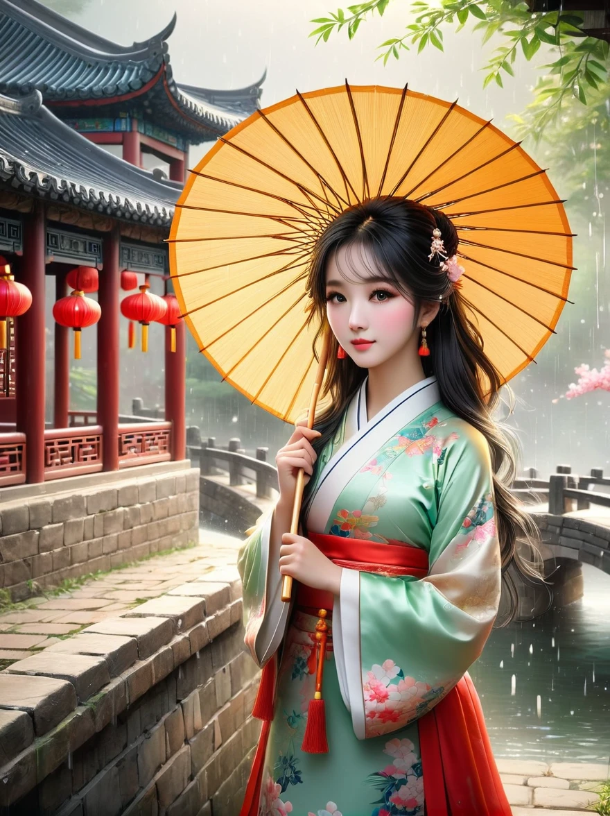 （Best quality，8K，high resolution，masterpiece:1.2），Ultra Detail，（lifelike，Photorealism，Photorealism:1.37），(Girl holding an oil-paper umbrella:1.3)，Girls Focus，Close shot，Stand on a small bridge，Running Water，Ancient Town，Jiangnan Scenery，antique，Spring rain，light rain，beauty，beauty细致的眼睛，beauty细致的嘴唇，Extremely detailed eyes and face，Long eyelashes，Chinese traditional clothing，Chinese Architecture，illustration，The image is bright，rich and colorful，Fine details