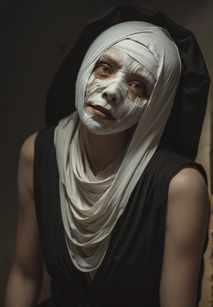 In a thunderstorm in a pine forest at night、Covered in dirty white bandages、Draw an image of a mummy wearing a black robe。, Spooky, Dark atmosphere, Horror, Terrifying Shadow Eyes