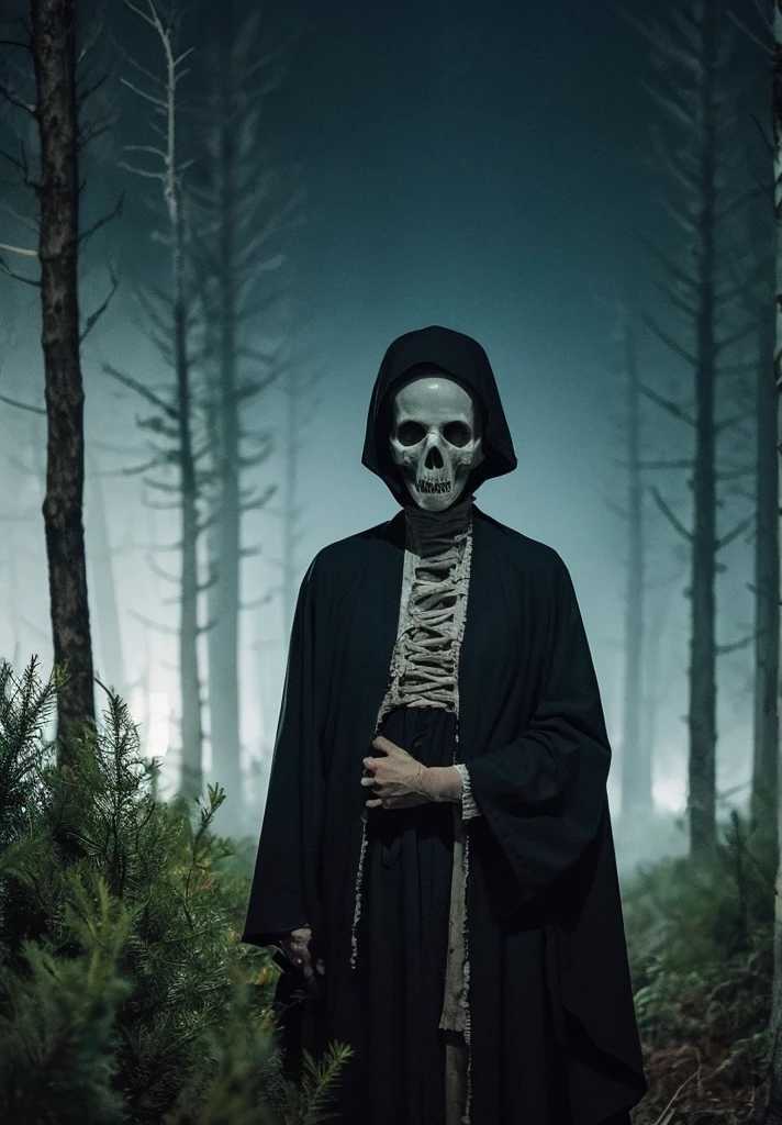 In a thunderstorm in a pine forest at night、Covered in dirty white bandages、Draw an image of a mummy wearing a black robe。, Spooky, Dark atmosphere, Horror, Terrifying Shadow Eyes