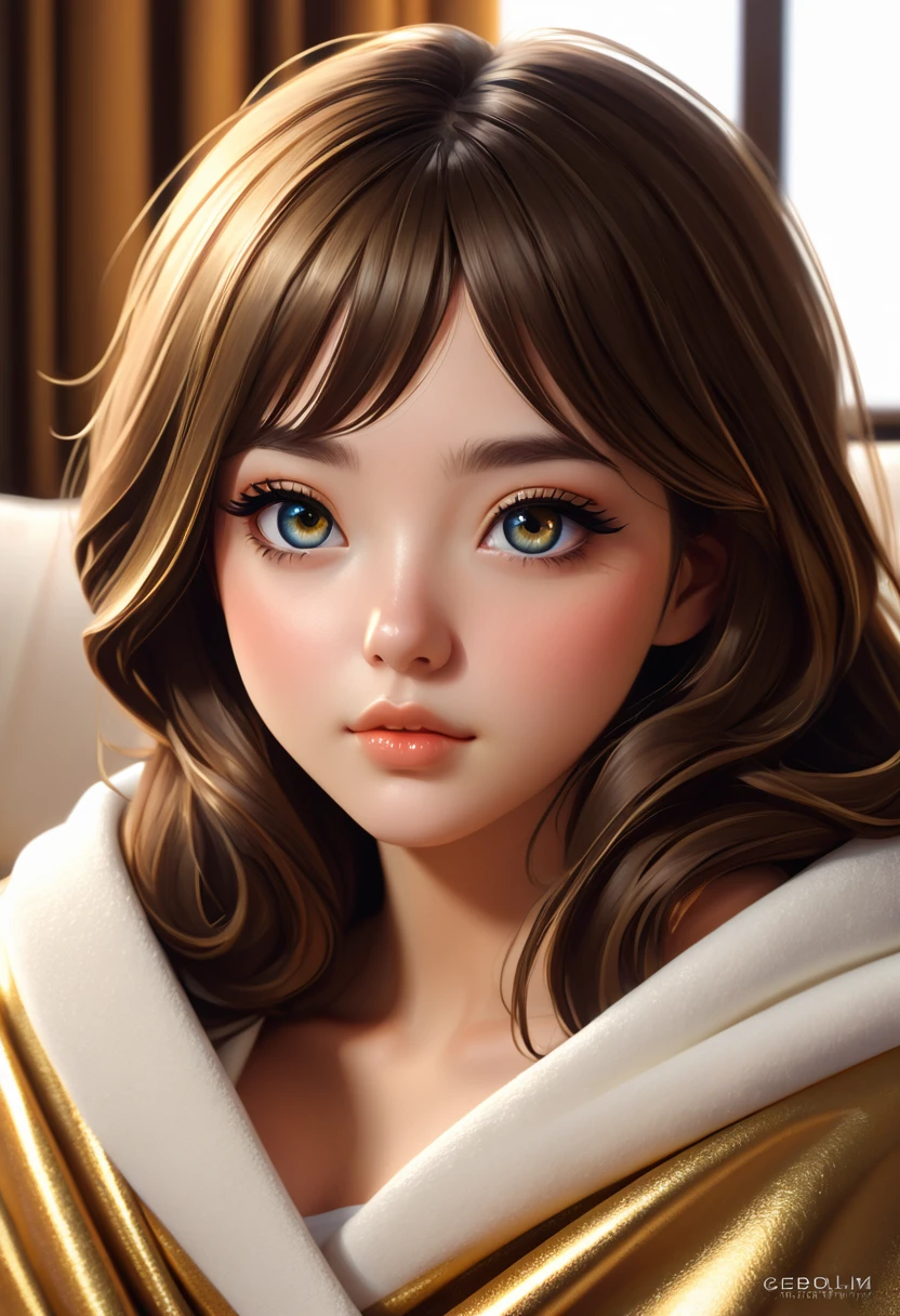 Gold and cosmo, Isabelle, Okumura Masanobu, symmetrical eyes, cute face, relaxing on a couch, cozy under a blanket, cozy living room, close up shot, 8K, octane render, trending on artstation, art by Artgerm and Edmund Blair Leighton, Brom, Charlie Bowater, WLOP, trending on deviantart