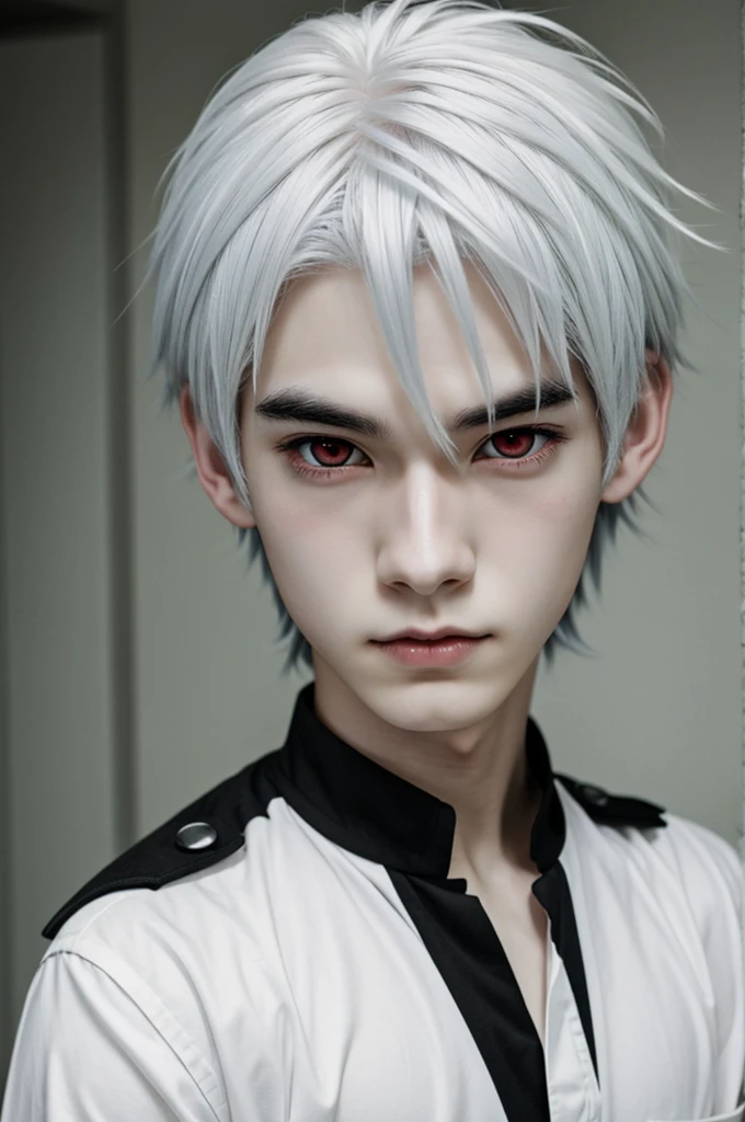 An anime boy with half white hair and half black hair with red eyes and pale skin.