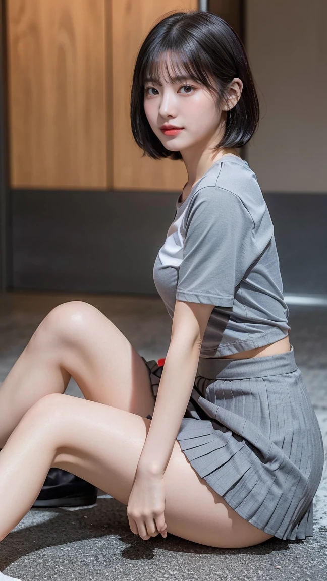 (8k), (highest quality: 1.2), (Realistic), (Realistic: 1.37), Ultra-high resolution, (1 girl), cute, A shy smile, Mouth closed,(Red cheeks with embarrassment:1.3), Beautiful details, Beautiful Nose, Black short bob hair, bangs,Giant Dulcefo,University Uniforms,(Simple white Y-shirt:1.3),(Pleated gray skirt:1.3),(Sitting:1), Sitting on the ground in the city at night,(closed up shiny legs:1.2),(From the side),Bring your face closer