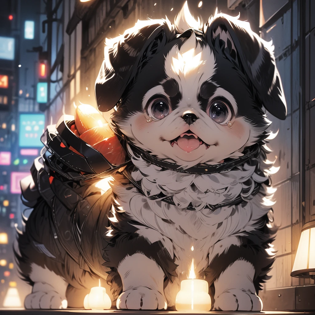 In the city、1 Pug puppy、(((Round black fur on forehead:1.3)))、(((Tears:3.0)))