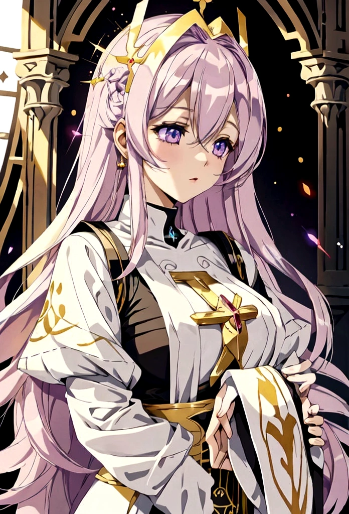 anime styling, best quality, pale white woman, Very Long Pastel Pink Hair, some wavy locks, bangss, purples eyes, nun, dressed in royal clothes in black and white tones full of golden details, body covered. She is praying with a serious expression on her face. The background must be illuminated by a holy light, with light particles floating in the air, to create a serene and spiritual environment. Medieval RPG theme. Whole body standing
