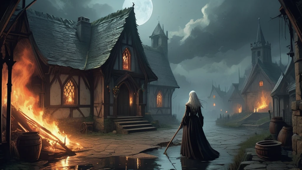 the village of Ravenscroft lies in the grip of fear and superstition. The once-peaceful hamlet, with its thatched roofs and cobblestone streets, is now a place where whispers of dark magic and unseen curses fill the air. At the heart of this turmoil stands Elara, an old, white-haired witch whose presence has long been both a source of quiet comfort and unspoken dread among the villagers.

Elara, small and stooped with age, her face etched with deep lines of wisdom and hardship, is known for her knowledge of herbs and ancient lore. Clad in a tattered black medieval dress, she wanders the outskirts of Ravenscroft, tending to the sick and aiding those brave enough to seek her out. However, her terrifying visage—a face marked by time and the faint glow of otherworldly power in her eyes—stirs unease in the hearts of the superstitious villagers.

When a series of unexplained calamities befall Ravenscroft—a withering harvest, a mysterious illness, and sightings of spectral apparitions—the frightened villagers turn their suspicions toward Elara. Whipped into a frenzy by fear and the fervent sermons of a zealous priest, they decide to rid themselves of the perceived source of their woes.

Dragged from her humble dwelling, Elara stands before the makeshift pyre erected in the village square. The air is thick with the acrid scent of burning wood and the fervent cries of the villagers, who brandish torches and pitchforks with trembling hands. Bound and shackled, Elara gazes out at the sea of angry faces, her eyes reflecting both sorrow and defiance.

As the flames rise, crackling and hissing, Elara utters a final, haunting incantation—words of ancient power that carry on the wind and seep into the fabric of the night. In this dark medieval fantasy, the burning of the witch becomes more than an act of execution; it becomes a catalyst for a reckoning that will echo through the ages.