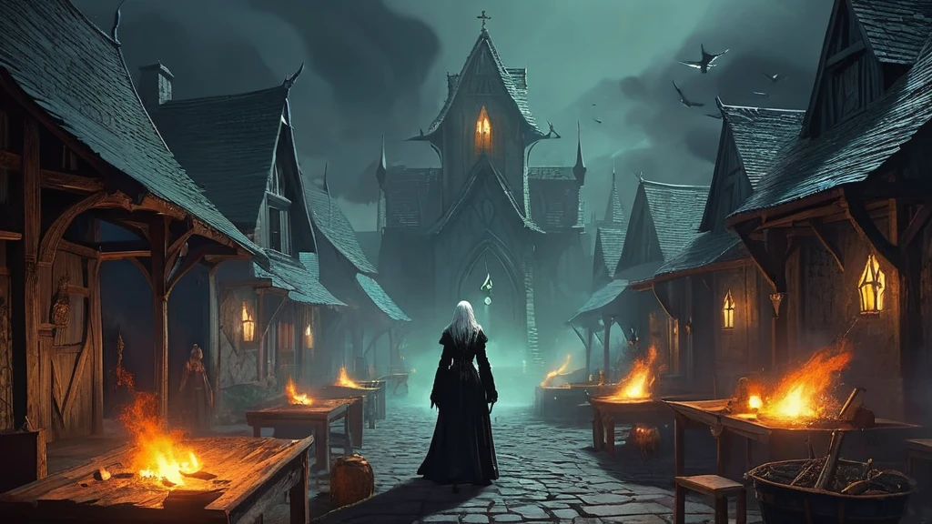 the village of Ravenscroft lies in the grip of fear and superstition. The once-peaceful hamlet, with its thatched roofs and cobblestone streets, is now a place where whispers of dark magic and unseen curses fill the air. At the heart of this turmoil stands Elara, an old, white-haired witch whose presence has long been both a source of quiet comfort and unspoken dread among the villagers.

Elara, small and stooped with age, her face etched with deep lines of wisdom and hardship, is known for her knowledge of herbs and ancient lore. Clad in a tattered black medieval dress, she wanders the outskirts of Ravenscroft, tending to the sick and aiding those brave enough to seek her out. However, her terrifying visage—a face marked by time and the faint glow of otherworldly power in her eyes—stirs unease in the hearts of the superstitious villagers.

When a series of unexplained calamities befall Ravenscroft—a withering harvest, a mysterious illness, and sightings of spectral apparitions—the frightened villagers turn their suspicions toward Elara. Whipped into a frenzy by fear and the fervent sermons of a zealous priest, they decide to rid themselves of the perceived source of their woes.

Dragged from her humble dwelling, Elara stands before the makeshift pyre erected in the village square. The air is thick with the acrid scent of burning wood and the fervent cries of the villagers, who brandish torches and pitchforks with trembling hands. Bound and shackled, Elara gazes out at the sea of angry faces, her eyes reflecting both sorrow and defiance.

As the flames rise, crackling and hissing, Elara utters a final, haunting incantation—words of ancient power that carry on the wind and seep into the fabric of the night. In this dark medieval fantasy, the burning of the witch becomes more than an act of execution; it becomes a catalyst for a reckoning that will echo through the ages.