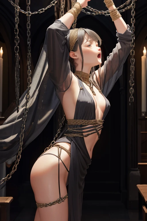 {(watercolor image:1.2),classical realism}, BREAK, {erotic face,anguish,scream,(very very ecstasy:1.2),(writhing:1.4)},embarrassing,half open eye},{(very obscene pose:1.2),(arched back:1.2),(arch one's head:1.4),arms behind}, {(gray yukata:1.2), (wet clothes:1.1)}, BREAK, {(Chains from all sides:1.2),(chains around the body:1.2), {(crotch chain shibari:1.2),(chain shibari:1.3),(chain bondage), (chain restraint),(chain bind limbs),(chain bind body),(chain in collar)):1.2, confinement, shackles}, BREAK, {(1 woman, small breasts), braid hair intricately},side view, {many chains from the ceiling, (in front of the very dark church altar:1.2)},BREAK,{glowing big tears,glowing eyes,extremely detail hair, Transparent skin}