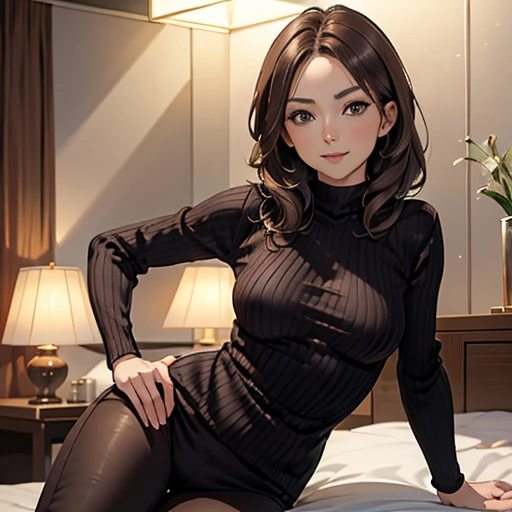 ((Realistic lighting, best qualtiy, 8k, tmasterpiece:1.3)), 1girl, Beautiful Women with Perfect Figure:1.4, Slim abs:1.1, ((dark brown hair)),(exteriors,during night:1.1), Ultra-fine face,Fine eyes,double eyelid, 40 years old, Japanese lady, wearing tight Knitted sweater and tight pants, show whole body from top to legs, , ((realistic)), in a hotel,