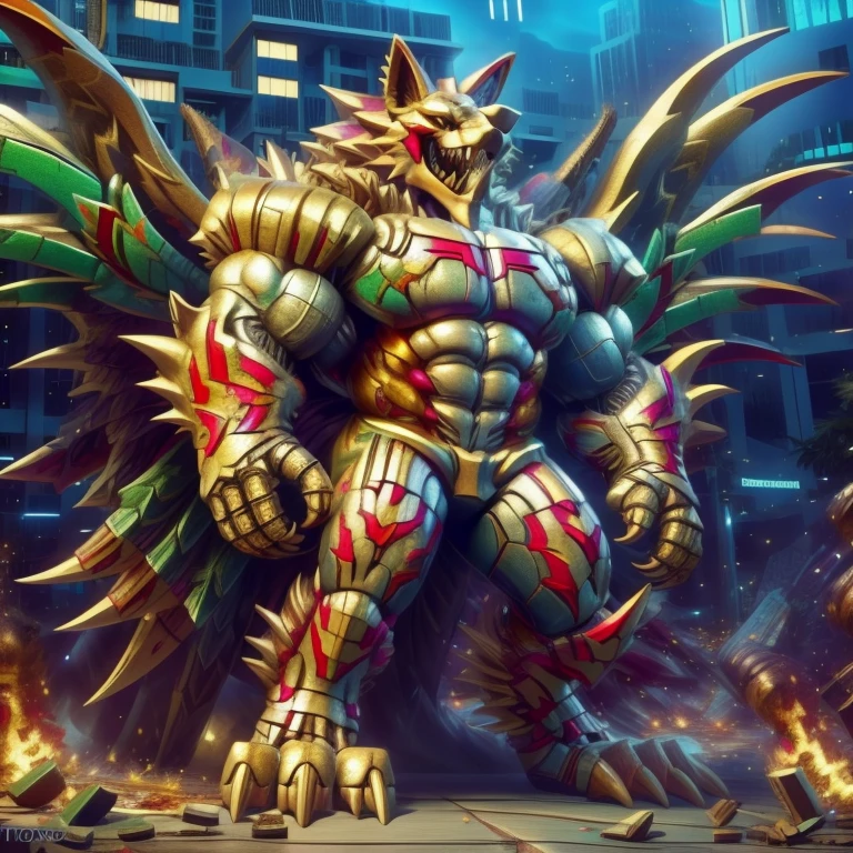 (masterpiece. official art. 8k. best quality. detailed full body. full body.)

(situation 1 : dominating The Phoenix Wolf. The Phoenix Wolf is over 1000 meters long. focus GIANT mechanical Muscular The Phoenix Wolf is trampling the car. Looking down.)

(situation 2 :smoke and flames rising from the destruction in the city)

(Additional details 1: Wearing GOLDEN Armor. Cape. Helmet. real texture material. whole body shines like metal. emphasizes the muscles. suit fully made of metal.Robotic suit).

(Additional details 1.5: The arms are golden. The lower half of the body is golden. The wolf-shaped helmet has sharp fangs. The whole body is golden.).

(Additional details 2: Detailed head. Detailed Body. Detailed abs. gigantic muscles. HYPER MUSCLES. Gigachad Muscular. big muscle. pecs. triceps. traps. unusually developed muscular body. body full of huge muscles. showing off muscles. pectorales enormes. Exaggeratedly huge muscles. huge muscles. long legs.).

(Additional details 3: nj5furry, Spread wings. It has wings. The claws are sharp. Sharp teeth.). He is laughing defiantly. The claws are sharp. Sharp teeth.). He is laughing defiantly.