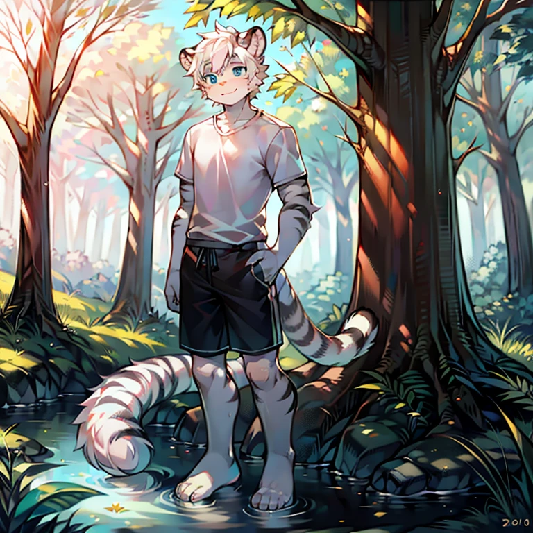 ager, Short white hair, ear, Lower Body, forest,riverside,Standing,hairy, White hair everywhere, White hair everywhere, White Tiger, Tiger Tail, masterpiece, High quality portrait, Humanoid, youth style, posture, panoramic, White Tiger型, White short sleeve, Black shorts, super Handsome face, Handsome, Tiger Youth, blue eyes, White Tiger, white ear, barefoot