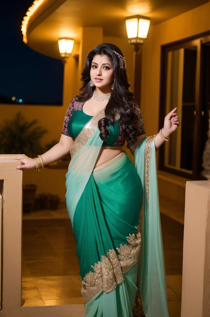 1 Heavenly beautiful and goddess beauty cute and sweet looking face Arabian woman in front of house at night, Heavenly beautiful Overweight, Heavenly beautiful Extremely fat, Heavenly beautiful and attractive Chubby figure , Heavenly beautiful looking and eye catching luxury style saree , reaching out, Heavenly beautiful Arabian woman, 16k, High resolution, masterpiece, highest quality, fine skin, close up figure view, Realistic Photograph