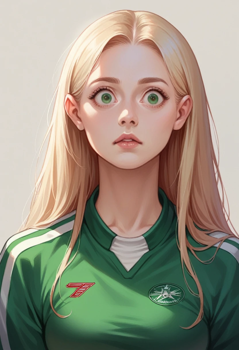 blonde, green Eyed, slant eyed, young girl, face type round, almond eyes, f1 driver, ferrari jersey, realistic, Woman, Long haired