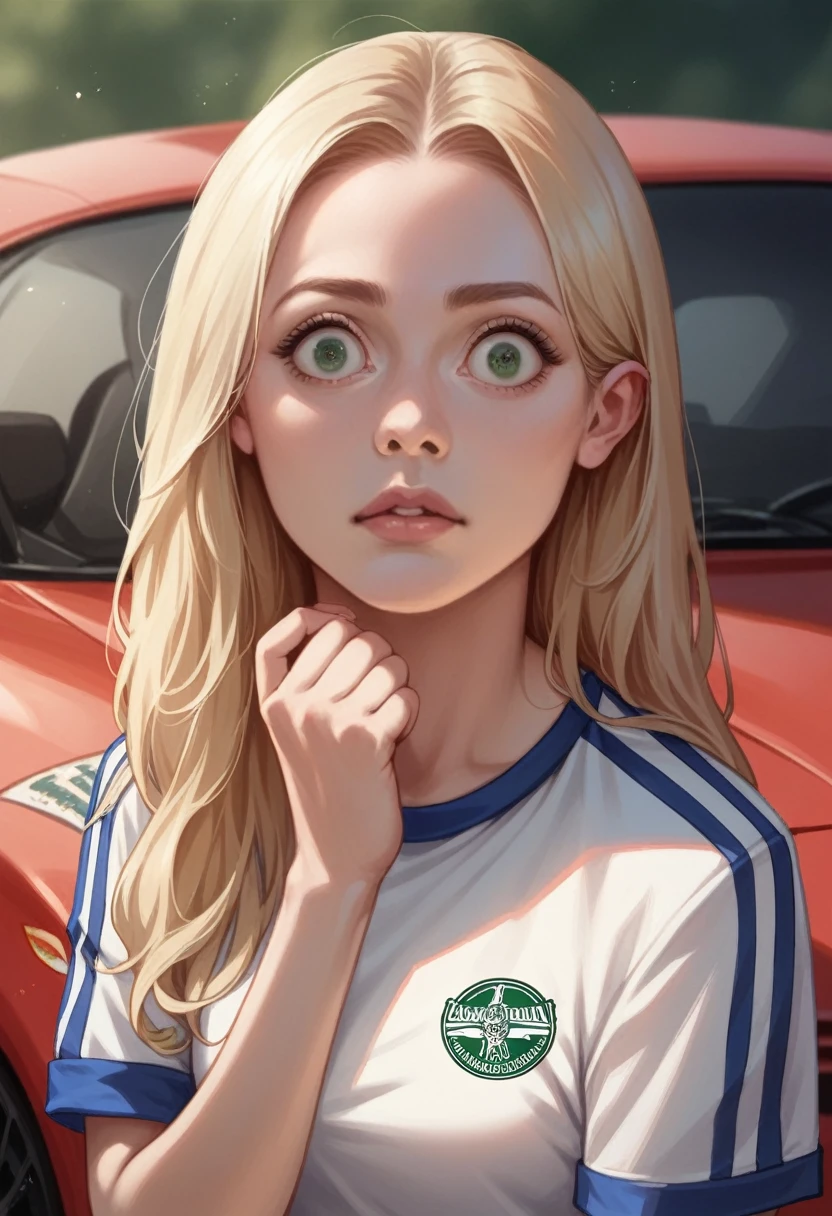 blonde, green Eyed, slant eyed, young girl, face type round, almond eyes, f1 driver, ferrari jersey, realistic, Woman, Long haired