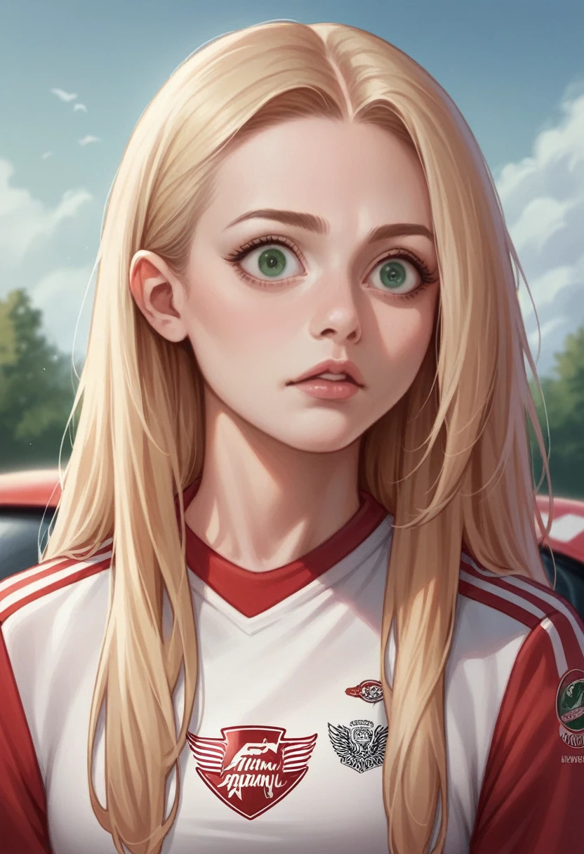 blonde, green Eyed, slant eyed, young girl, face type round, almond eyes, f1 driver, ferrari jersey, realistic, Woman, Long haired