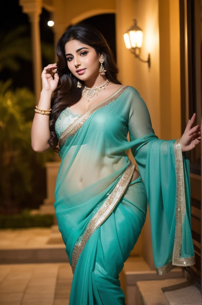 1 Heavenly beautiful and goddess beauty cute and sweet looking face Arabian woman in front of house at night, Heavenly beautiful Overweight, Heavenly beautiful Extremely fat, Heavenly beautiful and attractive Chubby figure , Heavenly beautiful looking and eye catching luxury style saree , reaching out, Heavenly beautiful Arabian woman, 16k, High resolution, masterpiece, highest quality, fine skin, close up figure view, Realistic Photograph