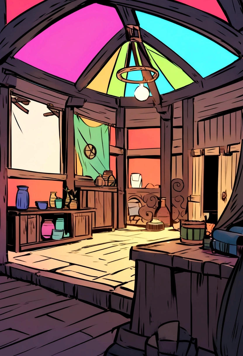 Curly hair cartoon style holding a wooden sword in an adventure scenario set up in his black house and arm